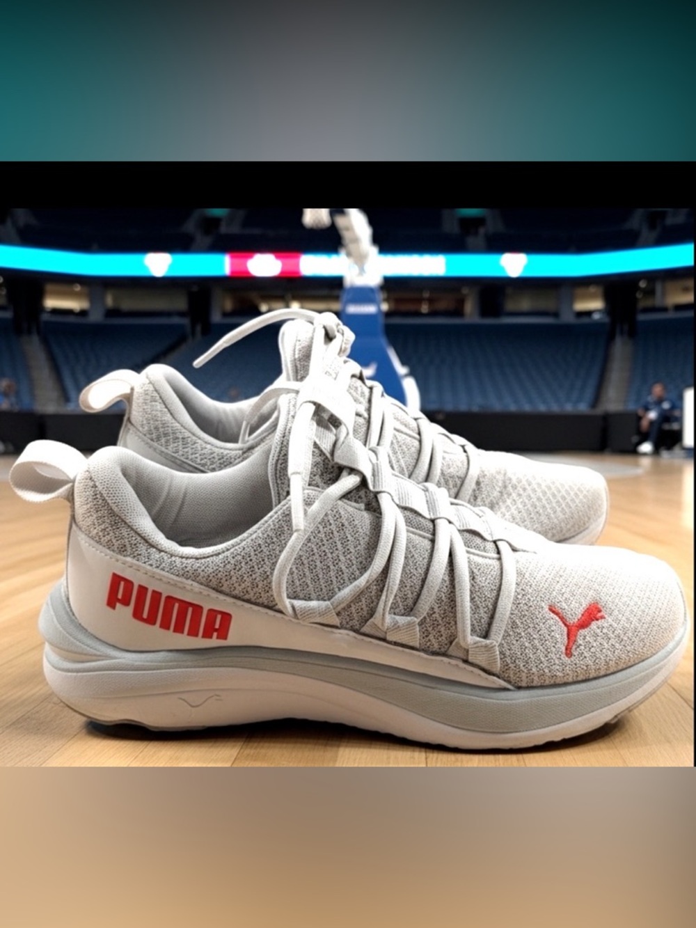 Puma Light Gray Knit Sneakers with Red Accents